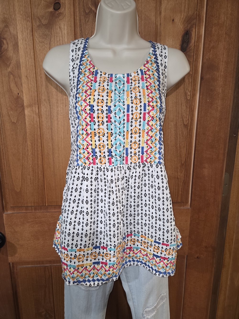 Women's White Tank Top with Colorful‎ Embroidered Front Panel